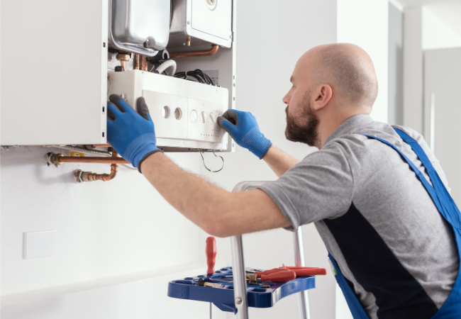 plumber wearing blue gloves changing unit in domestic gas boiler