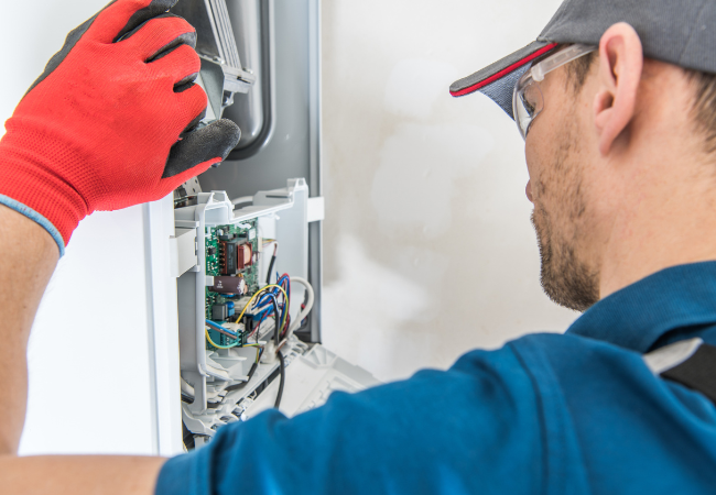 plumber wearing red gloves repairing a domestic gas boiler