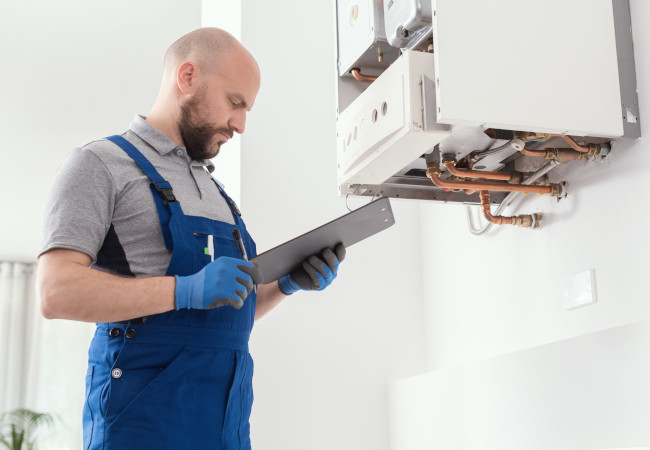 Gas engineer writing a gas safety certificate and boiler records after servicing